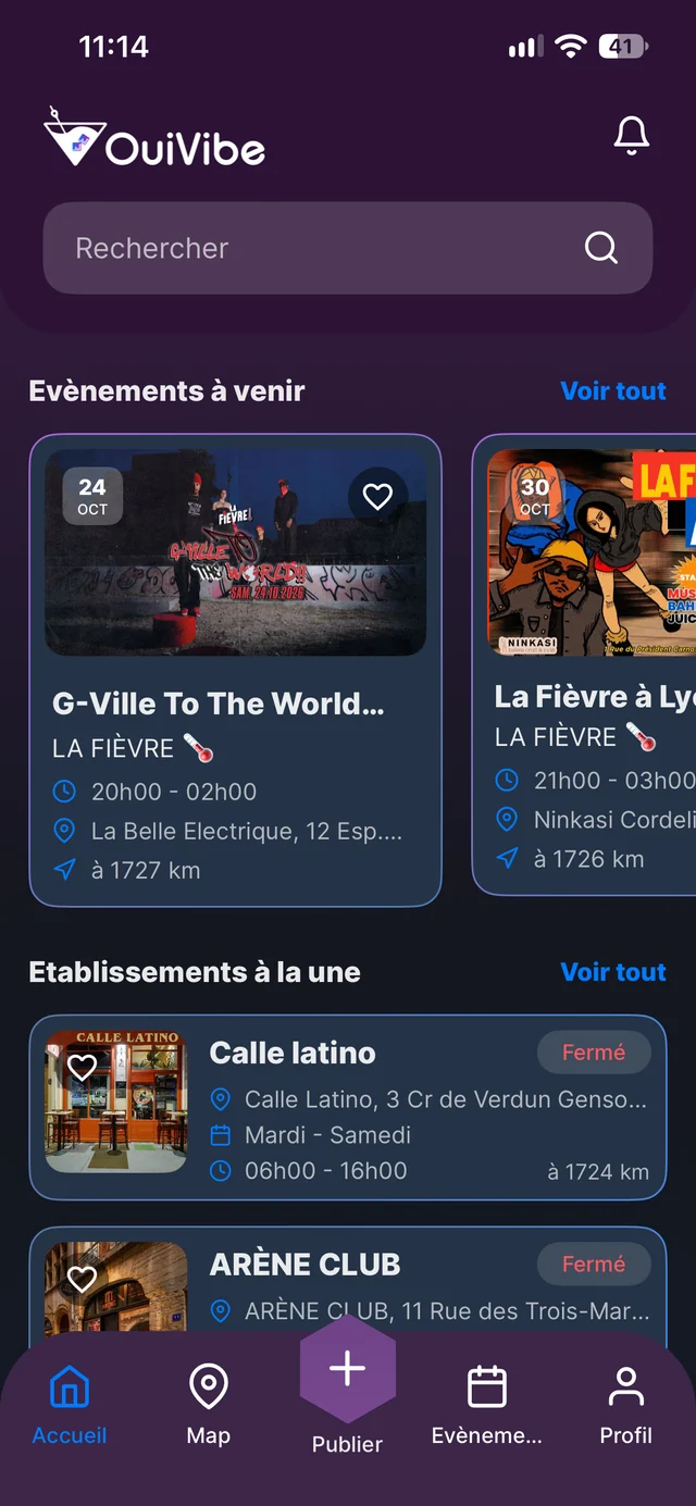 Écran d'accueil de OuiVibe : évènements à venir et établissements à la une