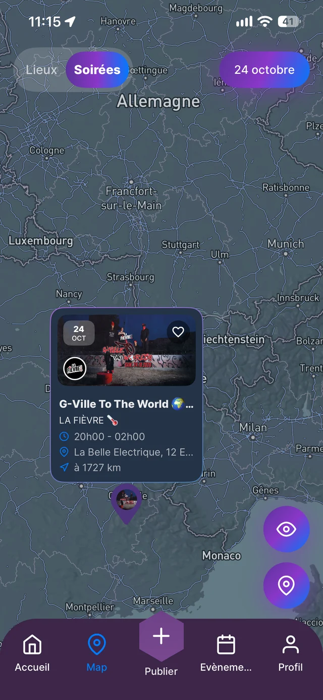 Carte OuiVibe affichant les soirées autour de l'utilisateur